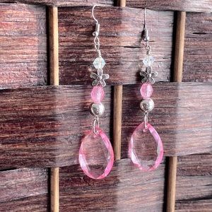 Long Pink and Silver Pendant Earrings
